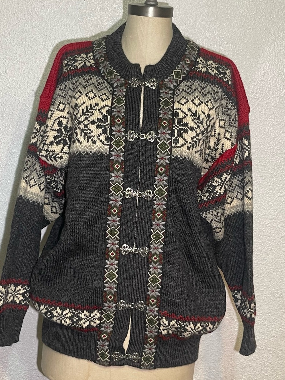 Norwool of Norway Gray & Cream Nordic-Pattern Wool Women's Sweater size medium